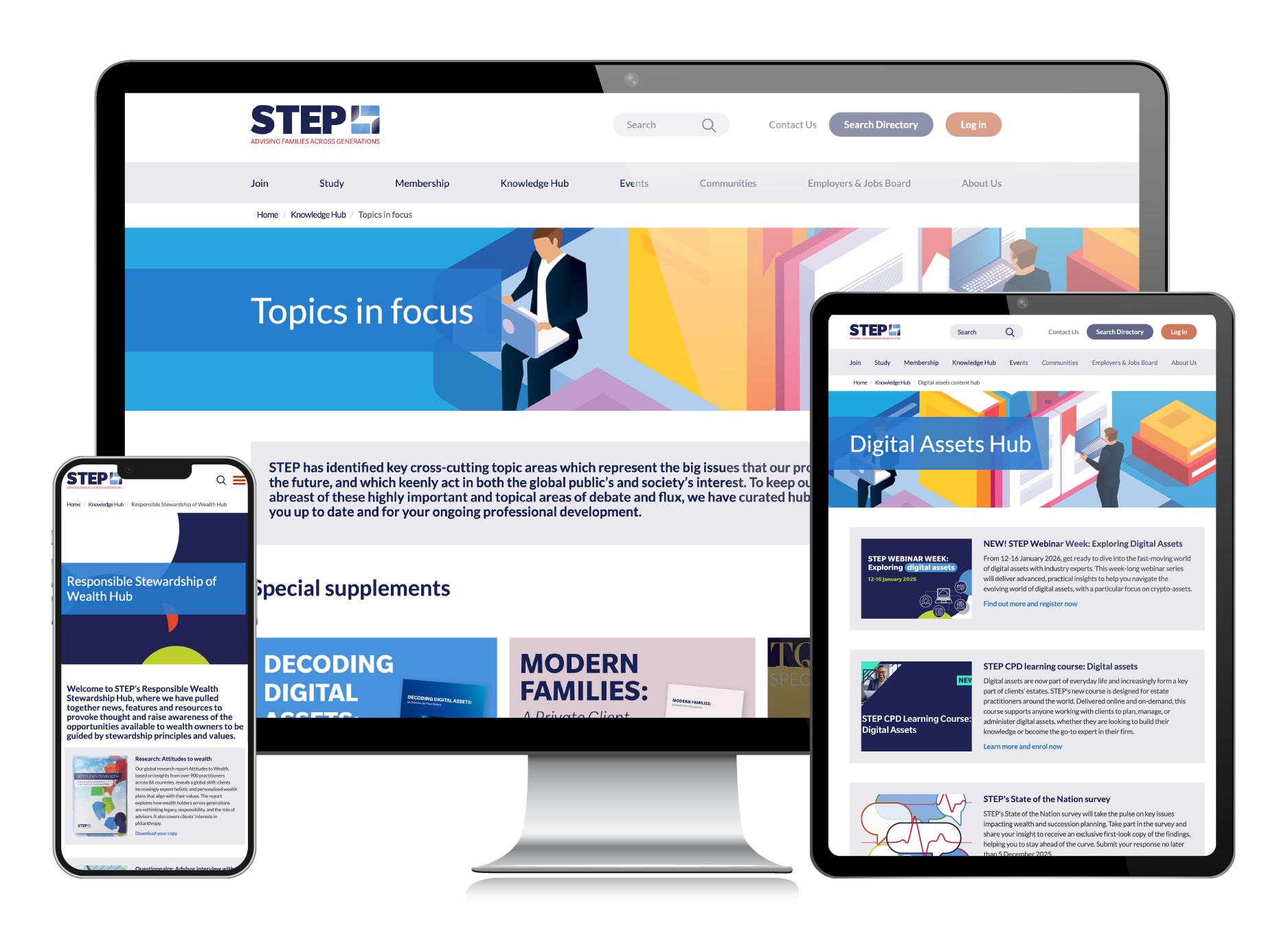 A series of screens showing STEP's Topics in Focus, Digital Asset Hub and Responisible Stewardship hub