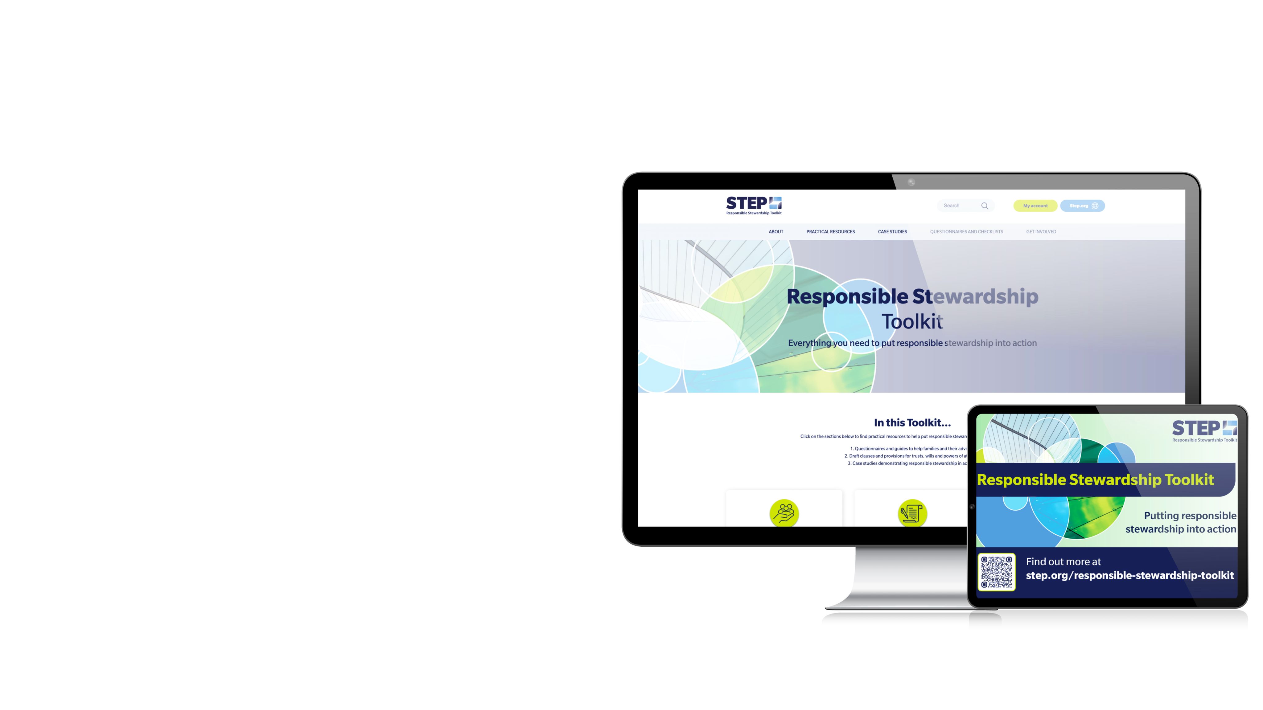 Two screens showing STEP's Responsible Stewardship Toolkit front page and social media image